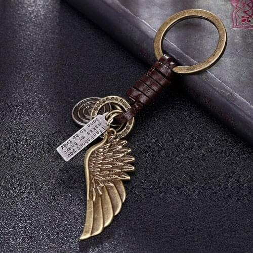 Alloy Vintage Antique Bronze Wing Key Rings Braided Cowhide Keychain Pendant Punk Jewelry Gift For Friends 10PCS