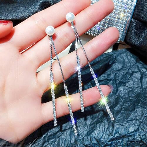 2 pcs Long Tassel Crystal Rhinestone Earring Exquisite Pearl Silver Color Dangle Earrings for Women Wedding Bride Jewelry Gifts