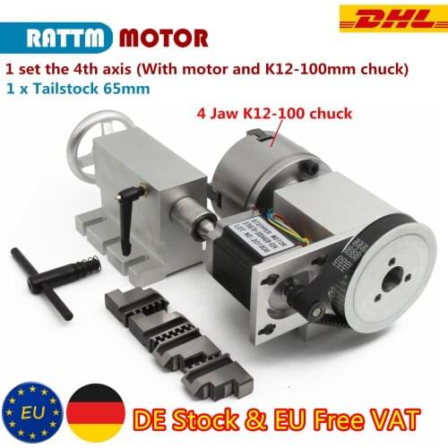 『EU Ship』CNC 4th axis A aixs, rotary axis 4 jaw Chuck K12-100mm 6:1 + 65mm Tailstock for Mini CNC Router/Woodworking Engraving