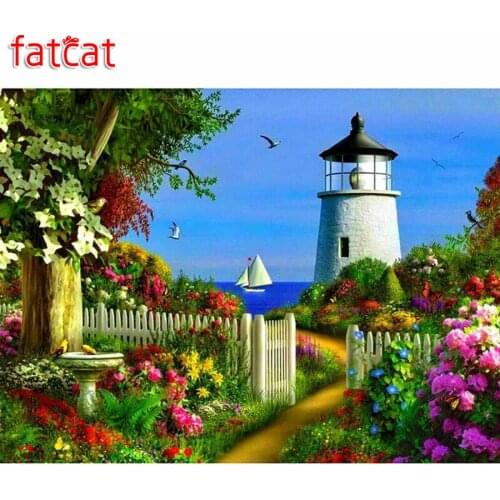 FATCAT Diy 5D Garden Lighthouse Diamond Embroidery Full square round Diamond Painting Rhinestone Mosaic Needlework kits AE650