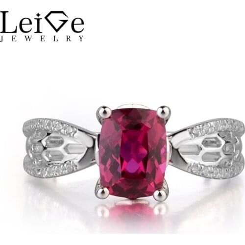 Leige Jewelry Lab Red Ruby Gemstone Cushion Cut Prong Setting Engagement Hollow Rings For Woman July Birthstone 925 Silver
