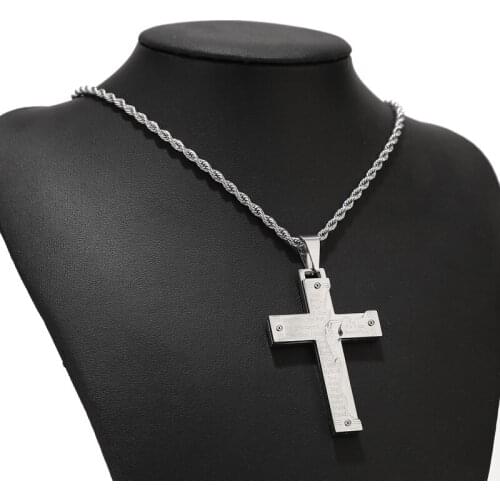Mens Stainless Steel Jesus Christ Crucifix Cross Lords Prayer Pendant Necklace