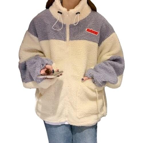 2020 Autumn And Winter New Plus Velvet Thick Casual Ladies Zipper Coat Loose Drawstring Stitching Lamb Plush Women Sweatshirt