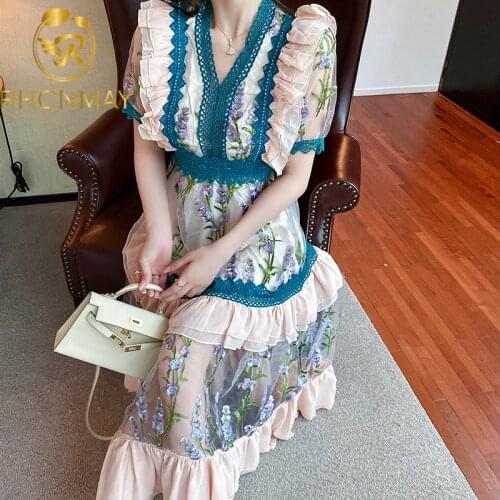 New 2021 Runway Desinger Women Party V Neck Long Dress Elegant Summer Floral Embroidery Mesh Patchwork Lace Ruffles Maxi Dress