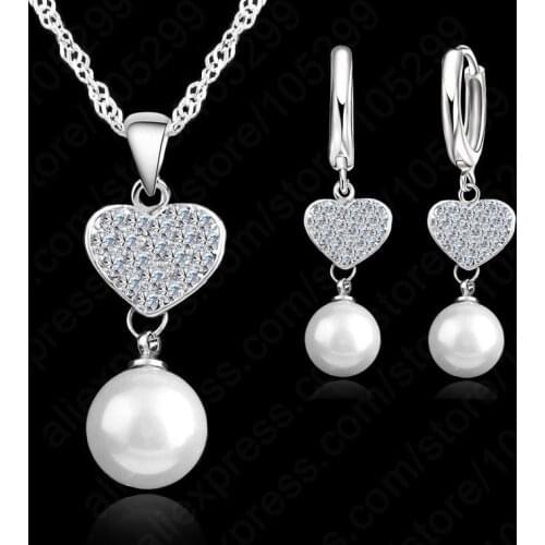 Wholesale Romantic CZ Fleshwater Pearl Heart Shape Pendant 925 Sterling Silver Jewelry Set