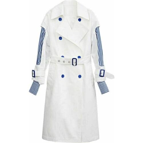 Autumn Women Chic White Long Trench Coat with Belt Loose Double Breasted Turn Down Collar Windbreaker Outwear