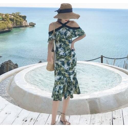 Halter Beach Dresses 2020 Bohemian Dress For Women Off Shoulder Ruffle Vintage Floral Midi Boho Chic Dress Summer Vestido DD2493