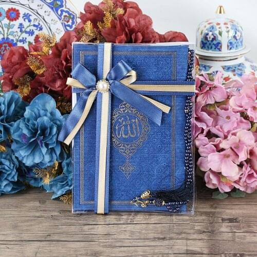 Gift for My Dear Mother Navy Blue Thermo Leather Yasin, Pearl Rosary Gift Set FREE SHİPPİNG