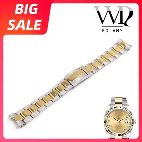 Rolamy 20 21mm Top Luxury Gold 316L Stainless Steel Solid Curved End Screw Links Replacement Watch Band Strap Bracelet For Rolex