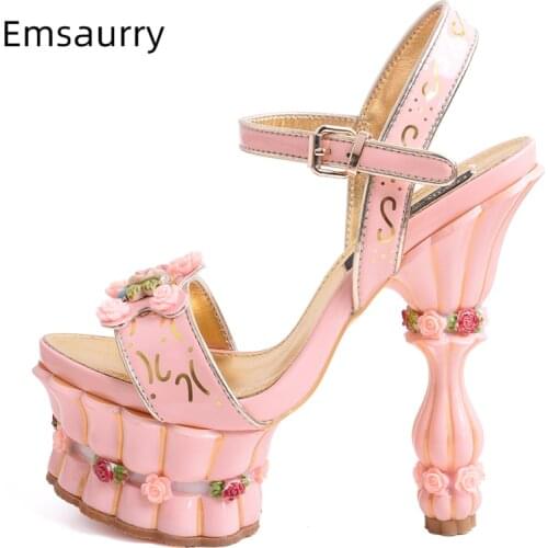Print Flower High Platform Sandals Women Ankle Strap Sweet Pink Banquet Shoes Woman Rose Decor Strange Heel Summer Sandalias