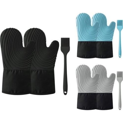 Silicone Oven Mitts Heat Resistant Thick Oven Gloves Waterproof Mitts 1 Pair with 1 Silicone Brush Kitchen Mitts