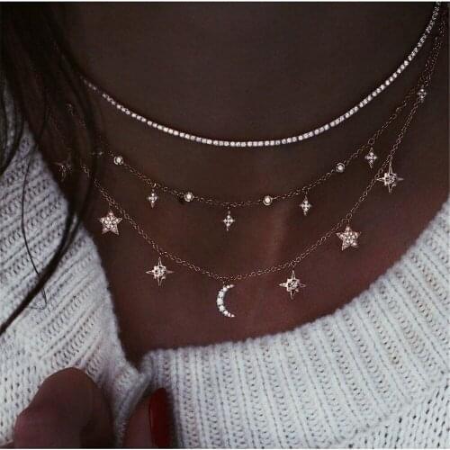 Vintage Gold Geometric Multilevel Necklaces For Women Boho Fashion Crystal Star Moon Sun Pendant Necklace Jewelry Party Gift