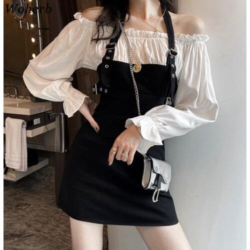 Woherb Korean Chic Fake Two Pieces Set Dress Women Sexy Off Shouloder Vestidos 2021 Summer New Elegant Halter Dresses Office