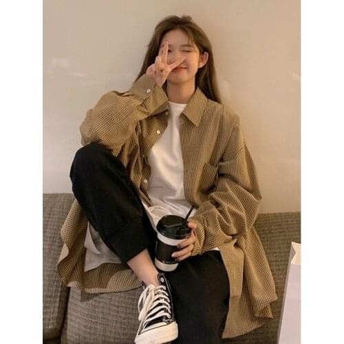 Plaid shirt jacket womens retro design feeling loose long-sleeved jacket in spring and autumn