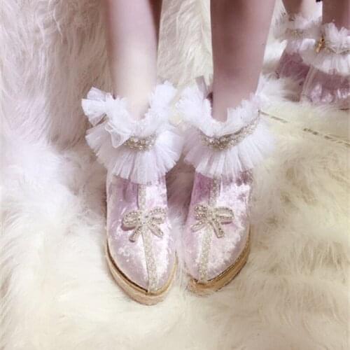 French girl pink bowknot high heel womens shoes pointed high lace plus cashmere keep warm women shoes cute bowknot kawaii girl