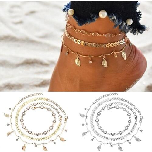 80% Hot Sale Creative Summer Beach 3Pcs/Set Women Leaves Multiple-layer Ankle Bracelet Anklet Foot Chain Jewelry