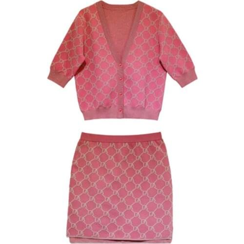 PERHAPS U Women Two Pieces Set Pink Half Sleeve Cardingan Mini Skirt V Neck Knitted T0206