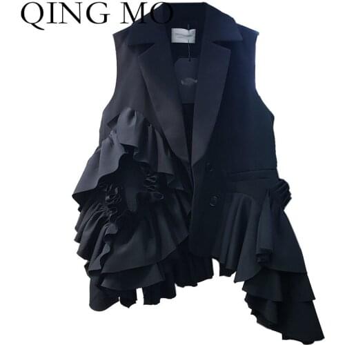 QING MO Autumn Fashion Sleeveless Suit Collar Vest Jacket Women 2021 New Trend Stitching Ruffled Irregular Female Vest ZWL634