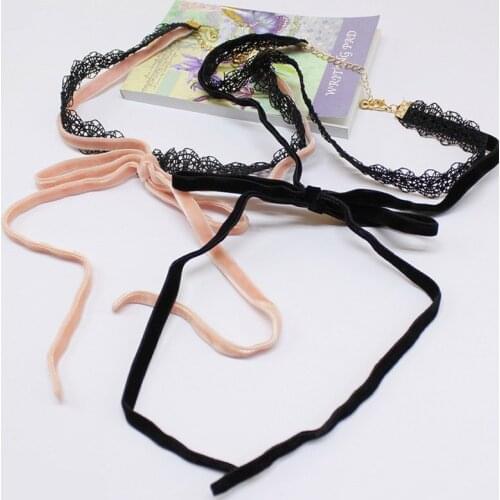2019 Fashion New Arrival Multilayer Lace Choker Black Pink Velvet Ribbon Bow Tie Up Choker Necklace for Women Collar