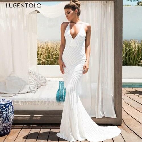 Sequin Dress Women Party Spaghetti Strap Dresses Backless Sexy V-neck Shiny Slim Female Maxi Dress Lugentolo