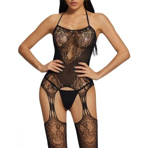 2021 Women Solid Black Color Perspective Lingerie Hollow Out Backless Tops with Halter Lace Mesh Stockings One-piece Underwear
