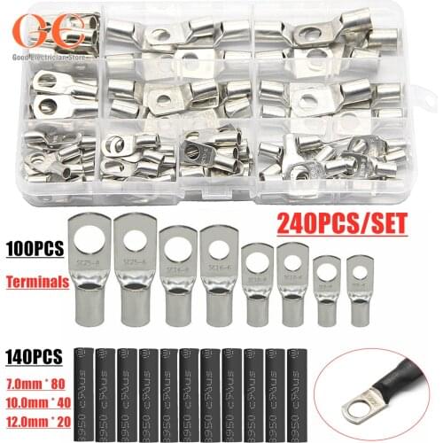 240CPS Assortment Car Auto Copper Ring Terminal Wire Crimp Connector Bare Cable Battery Terminals Soldered Connectors Kit