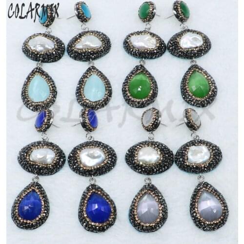 4 Pairs Mix color stone & pearl earrings pave rhinestone earrings long Drop earrings hollow round gift for lady 4885