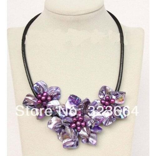 Baroque handcraft bloom purple seashell pearls choker leather necklace