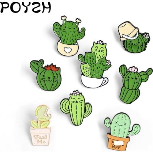 Cat Face Cactus Enamel Brooch Chomper Rafflesia Lapel Pins Kitten Cactus Coffee Brooches Funny Animal Plant Badge Gift for Kids