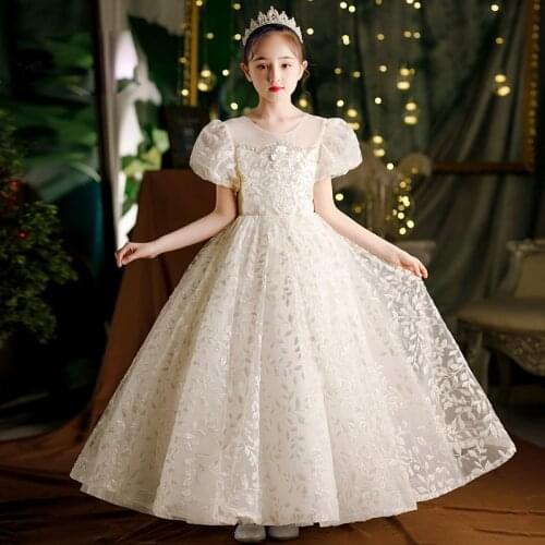 Children Girls Luxury New Arrival Embroidery Lace Flowers Birthday Wedding Party Princess Ball Gown Dress Kids Piano Host Dress