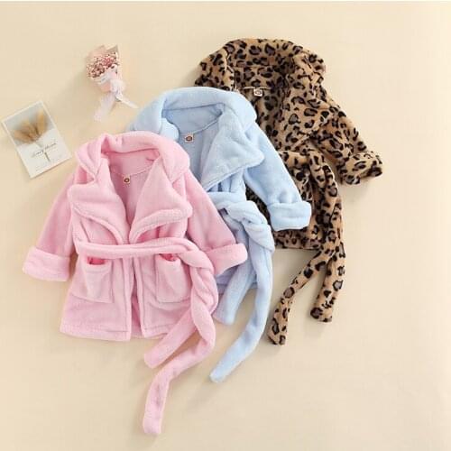 1-6Y Autumn Lovely Kids Boys Girls Flannel Bathrobe Coat Solid Color/Leopard Print Long Sleeve Cardigan Belt Coat Outwear