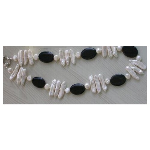 Beautiful Popular black bead Biwa fW cultured white pearl necklace