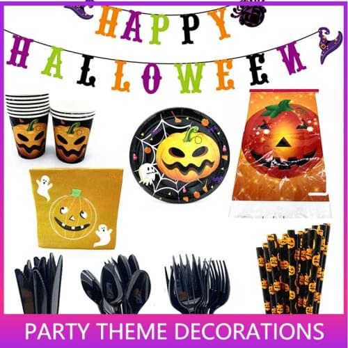 Halloween Party Tableware Set Paper Plate Napkin Straw Tablecloth Pumpkin Disposable Dinnerware for Halloween Party Supplies