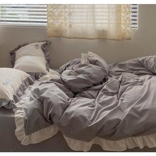 -dyed Bedding Set Ruffled Quilt Cover , Bed Linen Small Fresh Yarn , Washed Cotton Four - Piece Set , Princess Style Solid Color
