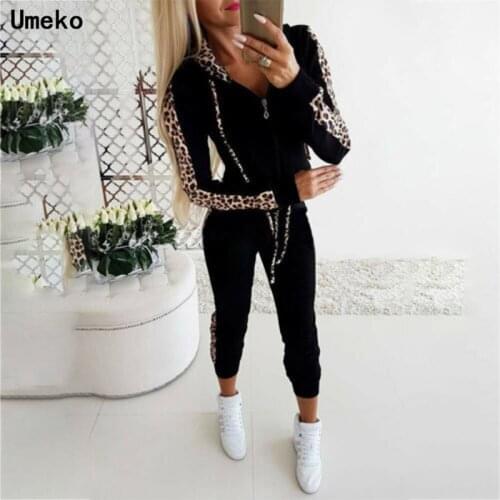 Autumn Winter 2 Piece Set Women Side Leopard Printed Women Suits Warm Plus Size Tracksuit Women Tops Hooded Pantsuit Female