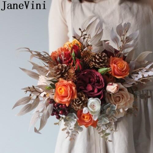 JaneVini Autumn Vintage Bride Wedding Bouquet Charm Orange Cream Fleurs Rose Peonies Artificial Flowers Bridal Bouquets 2020