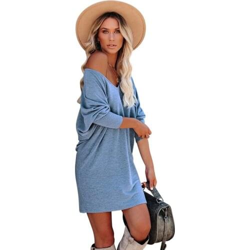 Solid V-Neck Long Sleeve Autumn Winter Dress Fashion Sexy Deep V-Neck Women Dress Plus Size Loose Casual Vestidos Pullover Robe
