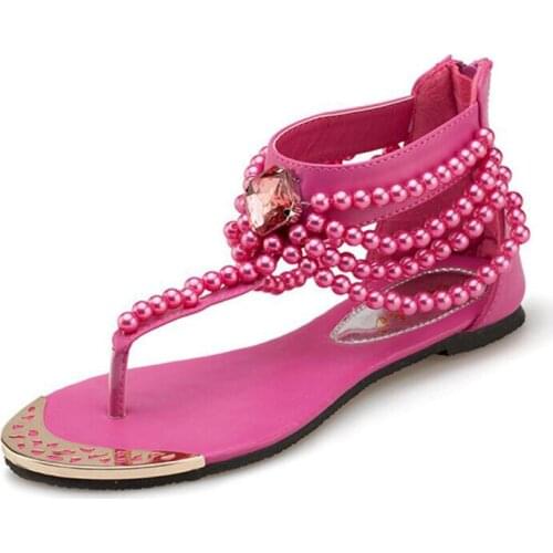 Famous brand pearl beading Bohemia sandals women metal head gladiator sandals big rhinestone decoration sandalia feminina c229