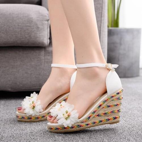 Flowers Wedge Sandals Woman Sexy Open Toe Platform Buckle Sandales Femme Plus Size Ultra 9cm High Heels Shoes For Women H0056