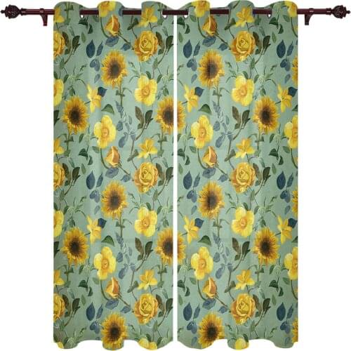 Sunflower Retro Plant Leaves Modern Curtains for Living Room Luxury Window Treatments Bedroom Kitchen Curtains Drapes