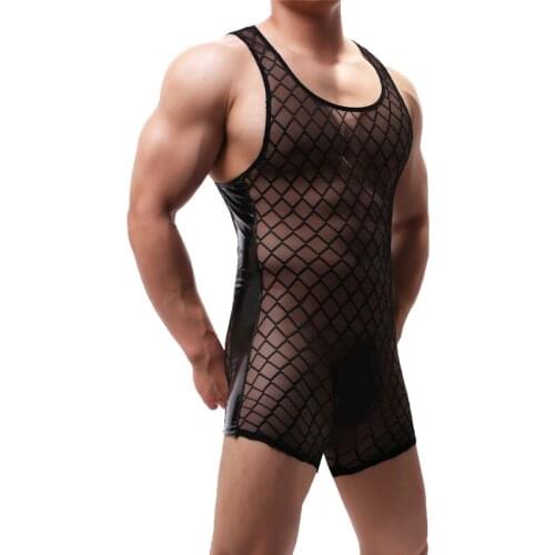 Sexy Jumpsuit PU Leather Mesh Patchwork Men One-piece Undershirt Wrestling Singlet See Through Black Shapers Bodysuit Underwear