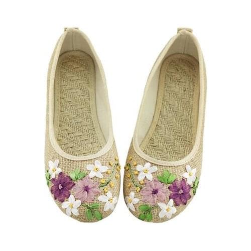 Vintage Embroidered Women Flats Flower Slip On Cotton Fabric Linen Comfortable Old Peking Ballerina Flat Shoes Sapato Feminino
