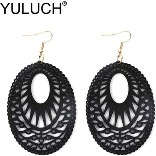 YULUCH Vintage Black Hollow Natural Wooden Water Drop Earrings For Women Party 2019 Ethnic African Indian Long Pendant Earrings