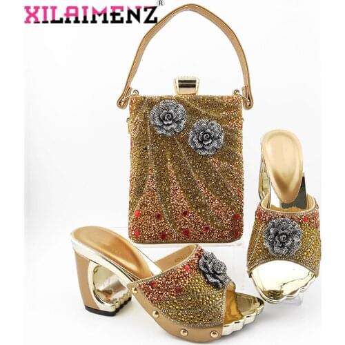 High Quality 2020 Spring New Design Golden Matching Shoes and Bag Set In Heels Matching Shoes and Bag Set for Nigerian Party