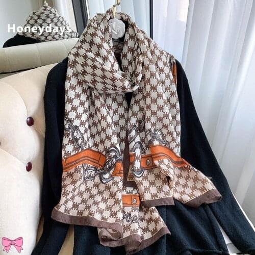 High Quality Chain Printing Silk Scarf Send Free Scarfs Buckle Soft Silky Travel Shawl Muslim Woman Veil Exquisite Satin Scarves