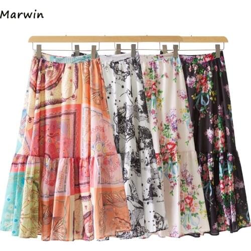 Marwin&Friend Spring Summer Printing European Floral Pattern Empire Elastic Women A-Line Five Colors High Street Style Skirts
