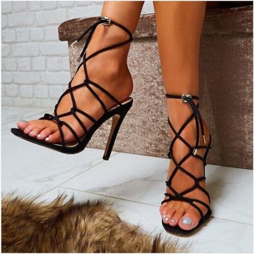 Sapatos Feminino Woman Ankle Strap Sandals Thin High Heels Open Toe Cross Strap Pumps Sexy Summer Dress Party Black Orange Shoes