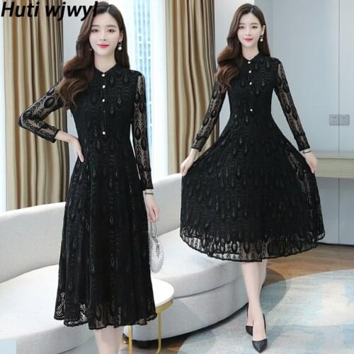 Women Black Lace Hollow Out Sexy Culb Maxi Dress Autumn Winter Casual Long Sleeve Evening Dress 2021 Elegant Bodycon Party Dress