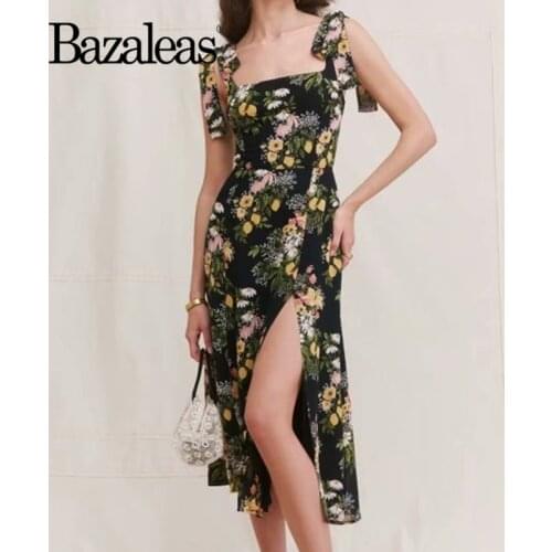 Bazaleas Sexy lemon floral Print split Vestidos Retro Adjust Spaghetti Straps tank Dress Vintage Midi summer Dresses