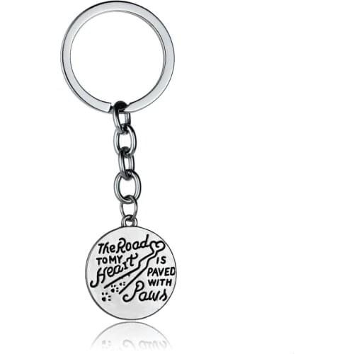 12PC The Road To My Heart Is Paved With Paws Keyring Round Charm Pendant Keychains Pet Prints Animals Lovers Women Men Key Rings
